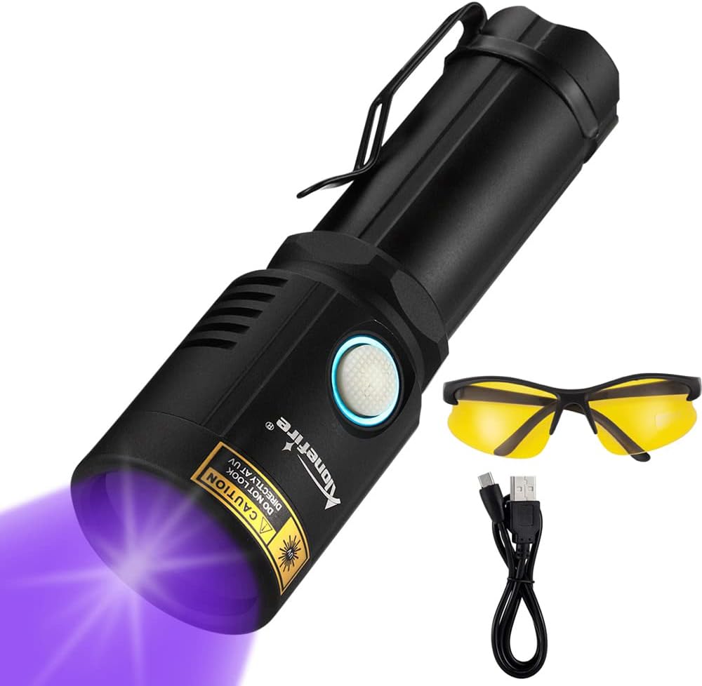 UV Taschenlampe 365nm - Aufladbar Mit Schutzbrille Für Urin & Schmuck