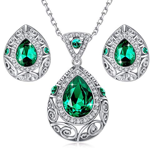 Leafael [Presented By Miss New York] Silver-Tone Teardrop Filigree Vintage Style Emerald Green Pendant Necklace Made With Premium Crystals Earrings Set, 18" + 2", Nickel/Lead/Allergy Free, Gift Box #TOP28