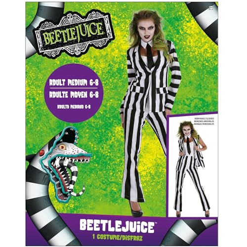 Party City Fantasia feminina Beetlejuice - a fantasia inclui jaqueta, mangas, suspensórios, calças e