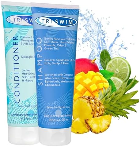 TRISWIM - Pacchetto per la Cura dei Capelli per la Rimozione del Cloro, Shampoo Idratante Per la Rimozione Cloro, Balsamo Capelli Per Nuotatori, Trattamento Anti Cloro per Nuotatori (251+251ml)