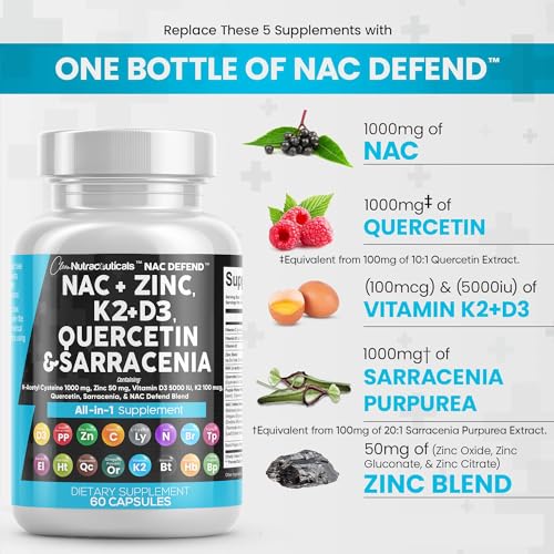 Clean Nutraceuticals NAC Supplement N-Acetyl Cysteine 1000mg Vitamin D3 K2 Zinc Quercetin 1000mg Sarracenia Purpurea 1000mg with Elderberry Holy Basil Bee Propolis Bromelain L-Lysine - 60 Count - Image 4