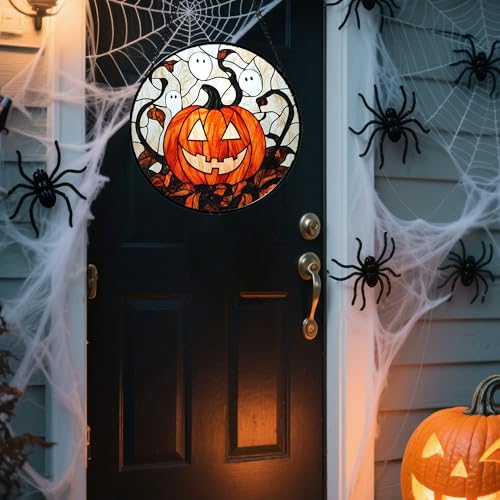 Image of Stained Glass Window Hanging - Halloween Decorations Pumpkin Ghost Suncatcher for Doors Garden Indoor Spooky Funny Orange Sun Catchers Gothic Decor Horror Gifts for Women Men Friend 9.8 in