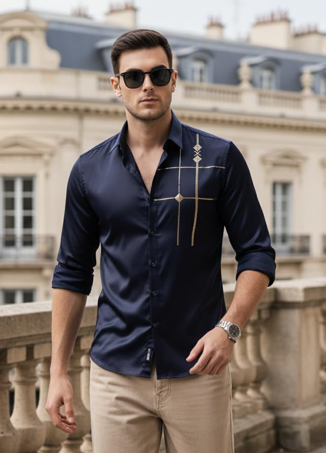 Image of IndoPrimo Men's Premium Satin Shirt for Party, Formal and Casual Wear - Stylish Designer Full Sleeve Shirt for Men