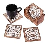 Set of 4 Tree of Life Coasters Drink Coaster with Holder – Handmade Wooden Coasters for Coffee, Tea, Mugs, Cups, Wine Glasses – Housewarming Gift Home & Office Desk Decor