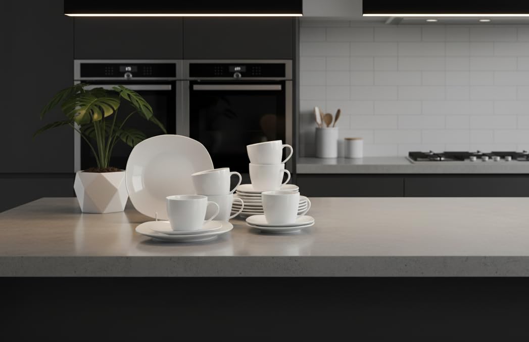 Retsch Arzberg/Geschirr Kaffeeservice FINO/Set 18teilig für 6 Personen/Porzellan eckig uni weiß/Basic-Geschirr
