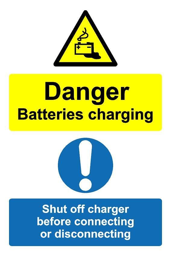 Danger batteries charging safety sign - Self adhesive sticker (600mm x 400mm)