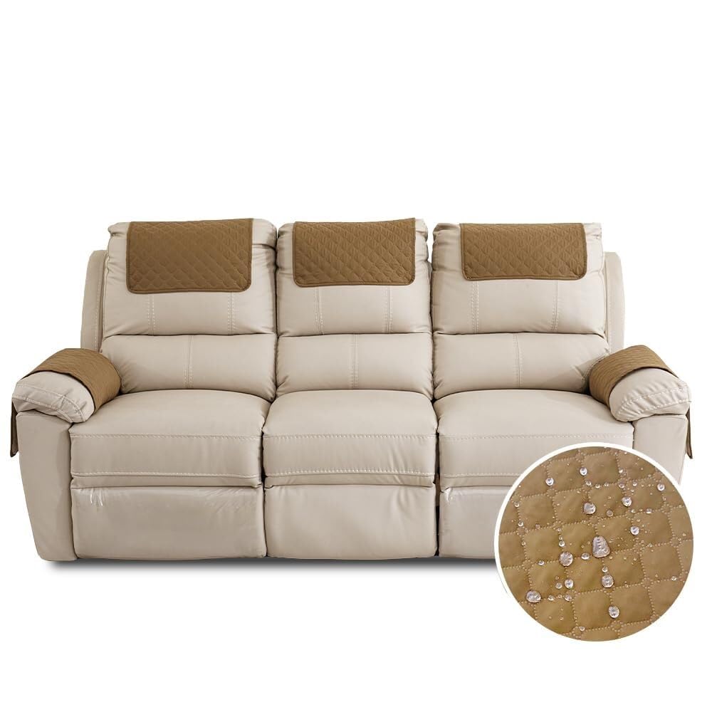 Copribraccioli Fodera per Bracciolo del Divano, Fodera per Poggiatesta per Sedia Reclinabile, Fodera per Poltrona Impermeabile con Tasche, 2 Posto Copripoltrona Relax(Camel,3 Posto)