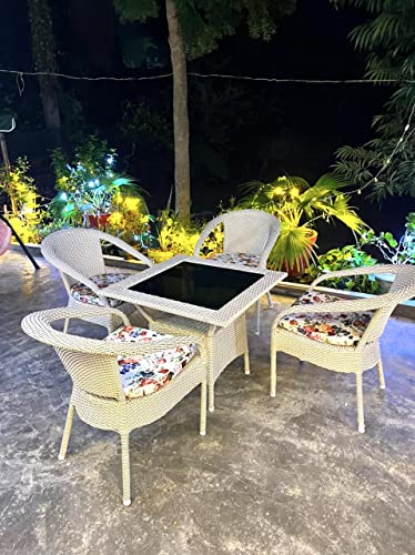 Image of Anaya Decor D-8 Chairs Table Set 4+1 Wicker Patio Furniture Sets 4 Chair and 1 Table with Cushions for Garden Balcony Bedroom Powder Coated Frame Uv Protected Wicker (Off White)