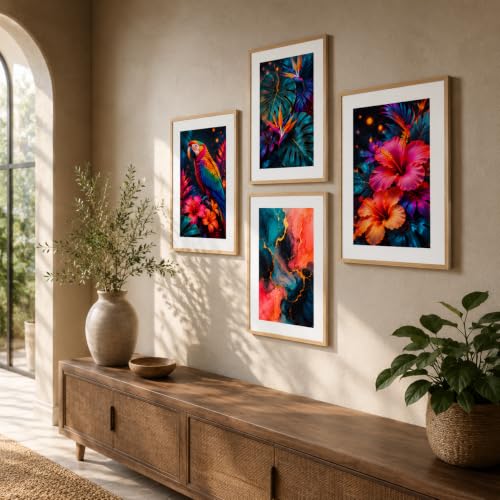 Image of Livin'luxe Set of 4 Tropical Parrot Floral & Abstract Wall Paintings with Sparkle Laminate and Premium Wooden Synthetic Frame for Living Room Bedroom Office Decor (13.5 x 19.5 Inch)
