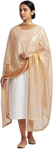 EUPHORIA Tissue Dupatta with Golden Butti Work and Lace for Women | Traditional Ethnic Dupatta for Weddings and Festivals