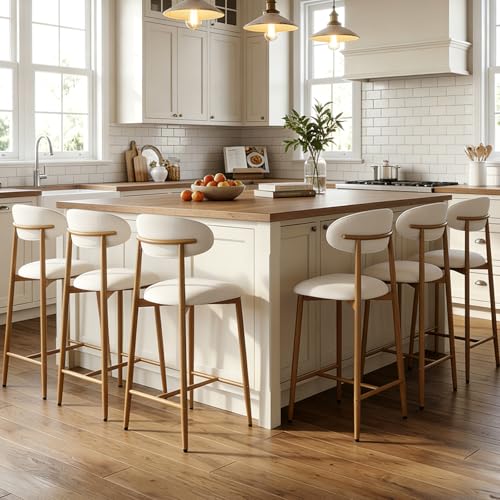 Image of AQO Counter Height Bar Stools Set of 6, Upholstered Counter Stools Modern Barstools with Metal Legs for Kitchen Island Dining Room, Beige