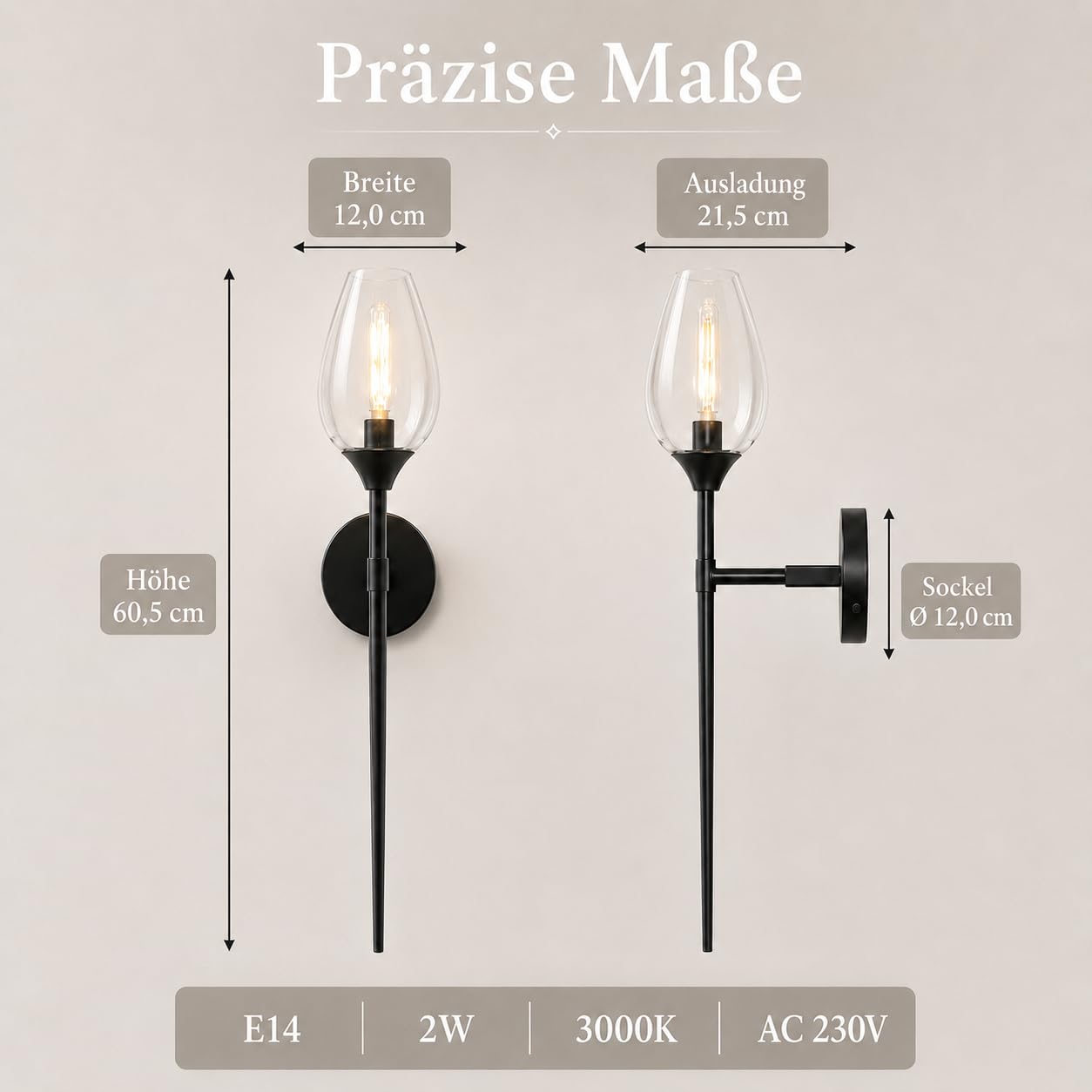Wandleuchte Innen Glas Modern Weinglas E14 Schwarz Tulpenform | Verkabelte Wandleuchte mit Warmweiß-Leuchtmittel, für Spiegel, Badezimmer, Wohnzimmer, Schlafzimmer und Flur