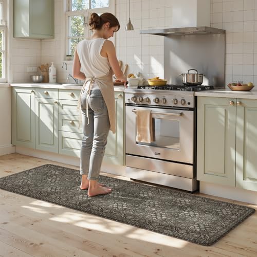 KIMODE Anti Fatigue Mats for Kitchen Floor 24'x71', Grey/Green Farmhouse Kitchen Runner Rugs, Cushioned Kitchen Floor Mat Non Skid, Memory Foam Kitchen Mat for Laundry Office Sink Desk