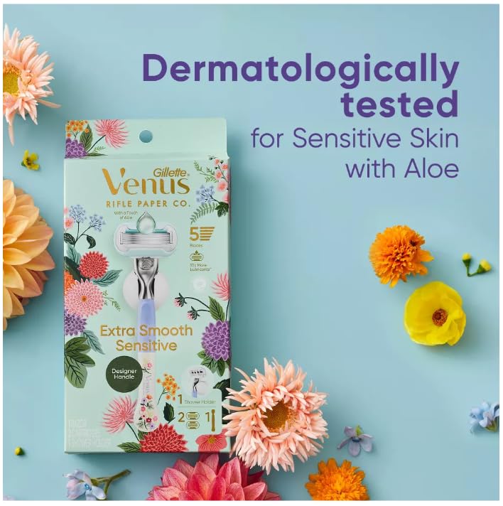 Venus + Rifle Papers Co Extra Smooth Sensitive 5-Blade Women's Razor with 2 Razor Blade Refills and Shower Holder