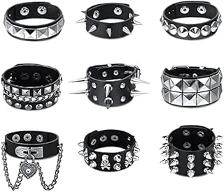 YADOCA 6-12Pcs Leather Studded Bracelet for Women Men Punk Rock Black Bracelet Set Goth Bracelet Leather Rivets Bracelet Cuff for Halloween Goth Jewelry Gift