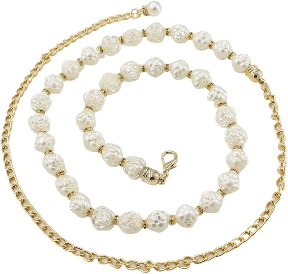 Women's Sweet Pearl Inlaid Waist Chain Dress Hook Decoration Thin Belt Women(Gold-F)