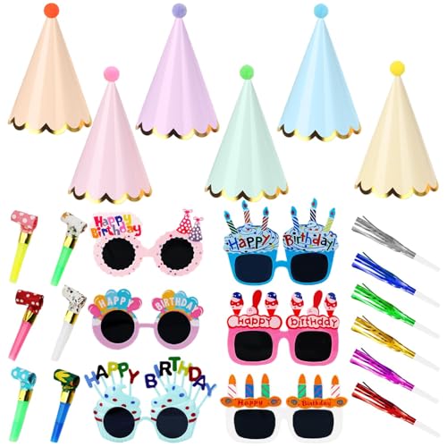 24 Pack Pastel Party Cone Hats, Funny Sunglasses Birthday Party Paper Hats with Blowouts, Pom Poms, Elastic Cord for Kids, Adults, Baby Shower, New Year, Christmas, Anniversary, Photo Props Supplies