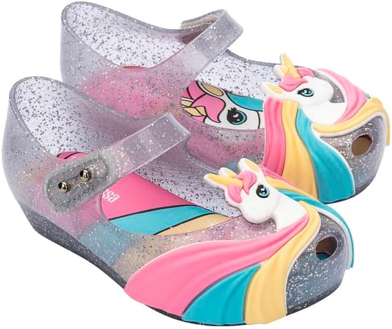 mini melissa Ultragirl Unicorn Mary Jane Shoes for Babies & Toddlers - Comfy & Cute Peep Toe Jelly Shoes w/Colorful Stripes & Adjustable Strap