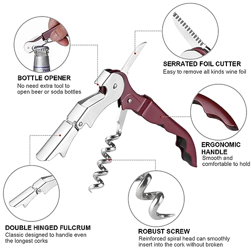 Uaorexplo Manual Wine Opener, 2PCS, Server Wine Key, Double Hinged Corkscrew with Foil Cutter, Sturdy Stainless-Steel Screw, Bottle Opener for Server, Waiter, Bartender and Sommeliers, Black&Wine Red