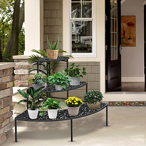 Dosker 3 Tier Plant Stand Flower Pot Rack, Metal Stair-Step Style Corner Shelf Planters, Quarter Round Display Holder For Indoor Outdoor Use(Imitation Marble Grain, Semicircle) #TOP4