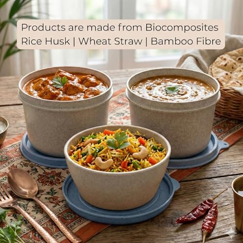 Image of Happy Cove Eco Friendly Lunch Box for Office Use | Biocomposite Wheat Straw, Rice Husk & Bamboo Fibre | 3 Microwave Safe Containers | Tiffin Box with Lunch Bag | Microwave Safe, Oven Safe, Unbreakable