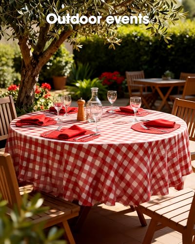 Image of Pureegg Plastic Table Cloth Disposable 10 Pack, 84'' Round Table Cloths, Party, Picnic, Decorative Gingham Tablecloths, Round, Black and White Checkered Cover, Leakproof & Sturdy, Black Plaid
