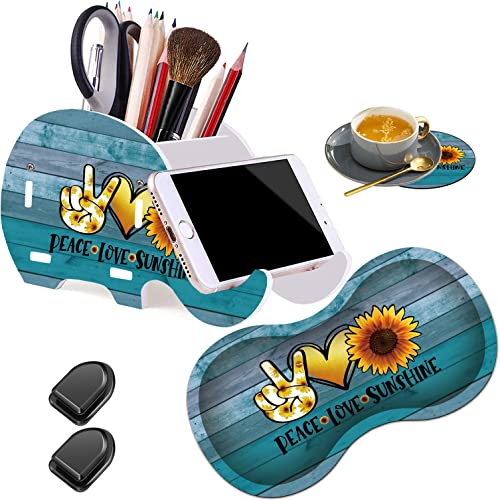 Image of Ergonomic Mouse Wrist Pad with Phone Holder Pen Holder + Cute Coaster + Mini Hook, Multi-Functional Mobile Pen Holder Desktop Storage Box, Peace Love Sunshine