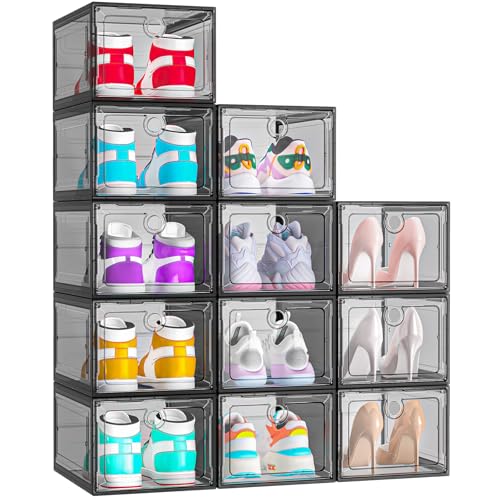Image of ARSTPEOE 12 Pack Upgrade Harder Shoe Organizer, Shoe Storage with Magnetic Front Door, Clear Shoe Boxes Foldable Space-Saving Shoe Rack for Sneaker Boot Container, Black