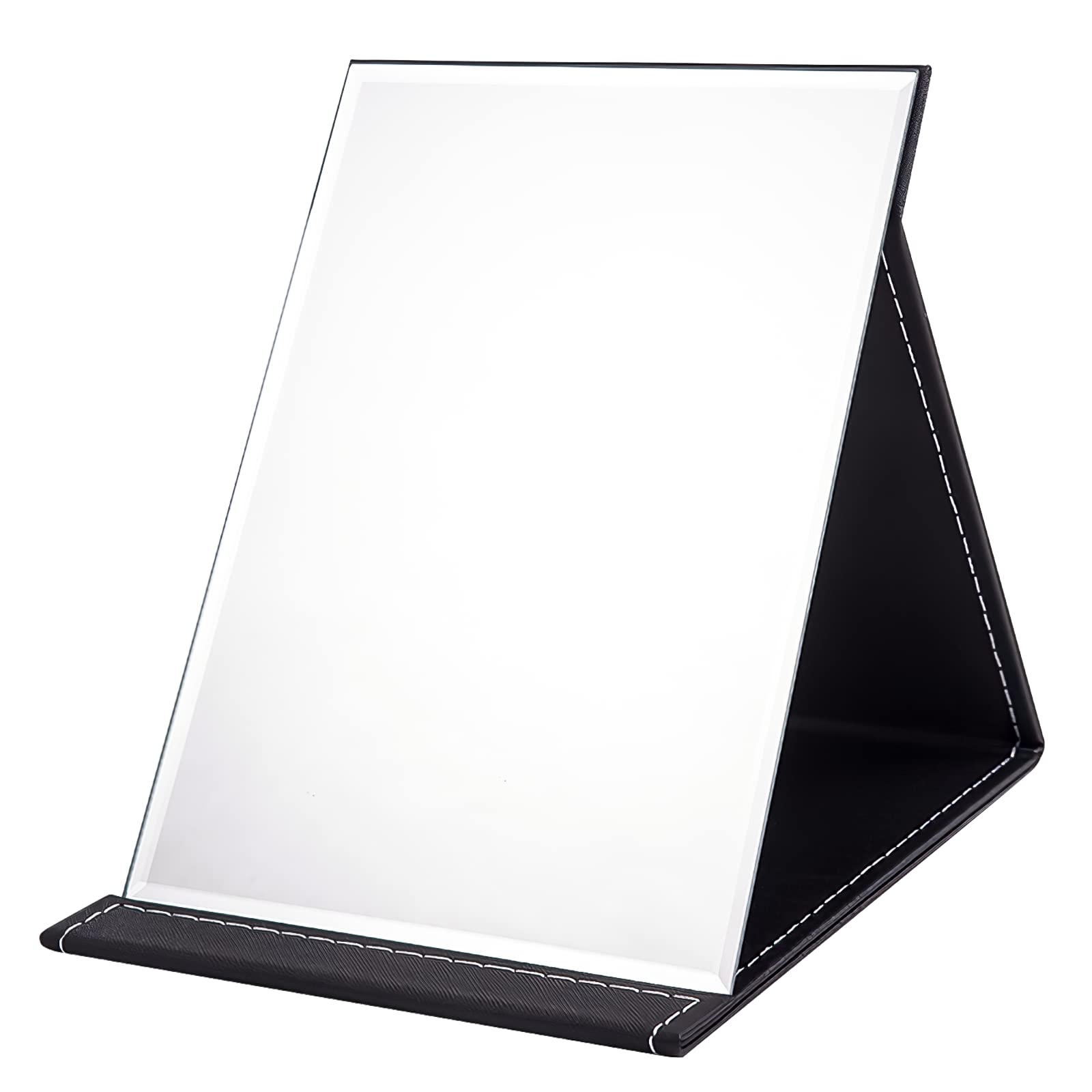 OWLKELA 21x15cm Portable Folding Mirror, Super HD Compact Makeup, Black PU Leather Travel, Free Standing Vanity, Tabletop Foldable