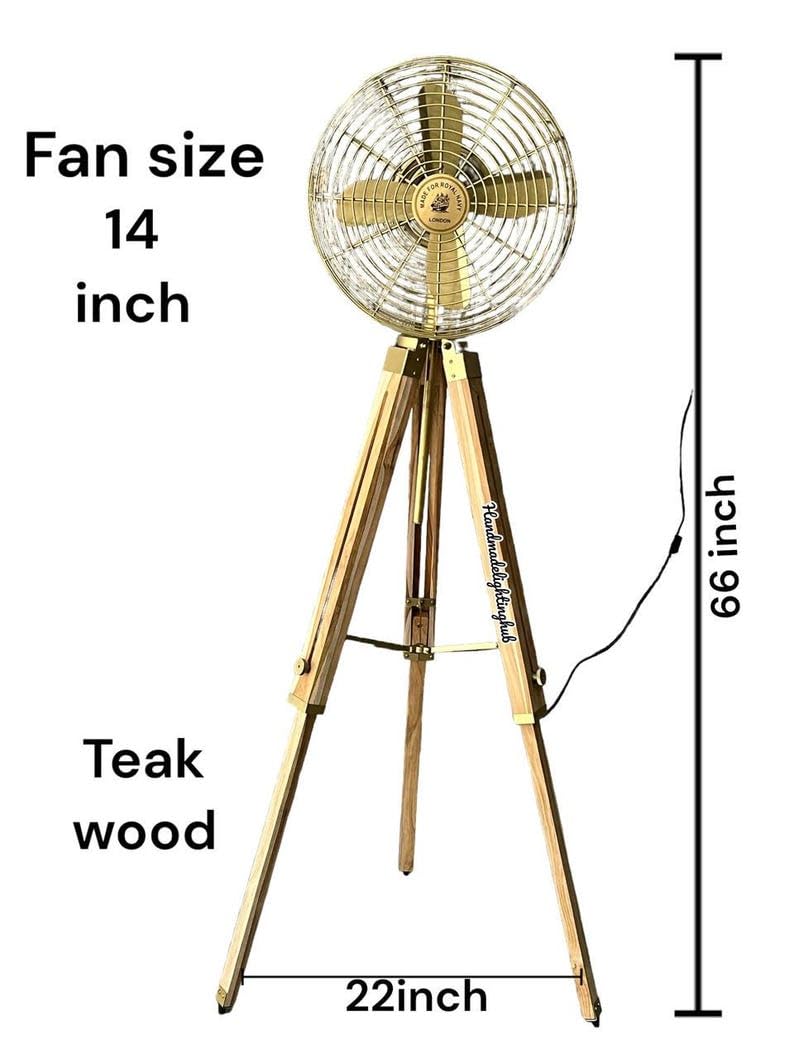 Ventilador de pedestal de teca natural y latón | Ventilador de suelo giratorio industrial en soporte de trípode de madera | Circulador de aire eléctrico resistente