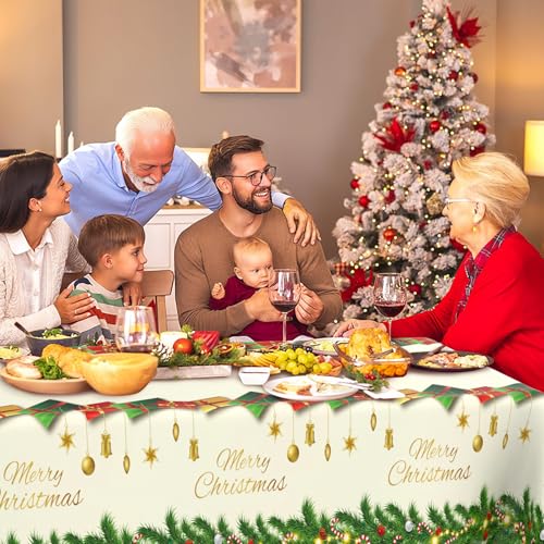 2 PCS Plastic Christmas Tablecloths(54x108 Inch) Rectangle Disposable White Green Holiday Xmas Table Cloths Cover Vinyl Merry Party Favors Supplies Decorations Bell Cane Tree Picnic Dinner Decor – Image 5