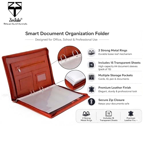 Image of ZesTale Professional Leatherette Material 2 Ring File Folders, Conference Folder| Certificate Document Folder | Certificates Folder | Leather folders for documents | Folders with 15 Leafs(200 Micron)