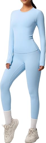 Conjunto de entrenamiento de 2 piezas para mujer, camiseta deportiva de manga larga y leggings de cintura alta