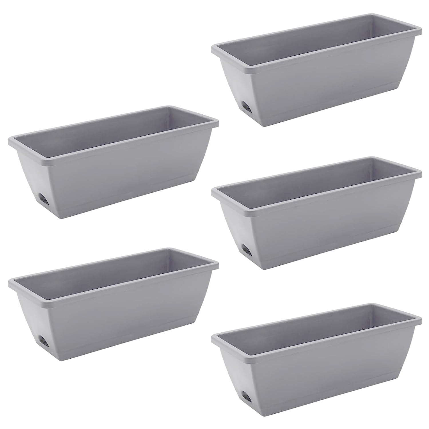 Set of 5 Plastic Trough Plant Pot Long Planter Home Outdoor Garden Window Herb Flower Box Windowsill Patio Bushes Window Box Rippled Effect, Optional Drainage Holes Terracotta (Light Grey)