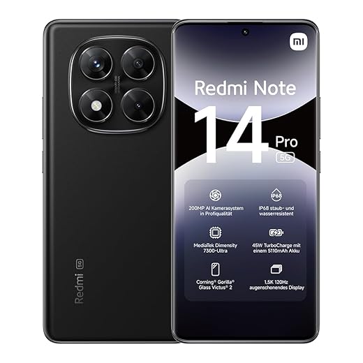 XIAOMI Smartphone Redmi Note 14 Pro 5G, 12+512GB, fotocamera AI da 200MP, IP68, ricarica turbo da 45W con batteria da 5110mAh, funzionalità AI (caricabatterie non incluso), Black