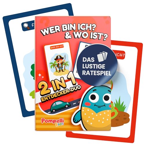 Pompelli Wer Bin ich? Spiel für Kinder & Wo Ist? - 2 Spiele in einem Deck - Lustige Ratespiele für Kinder ab 5 bis 9 - Ideal als Reisespiele für Kinder zur Beschäftigung im Auto oder Flugzeug