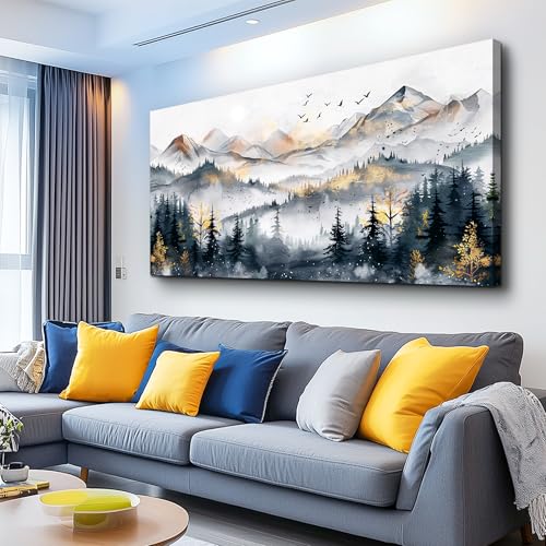 KELIYUAN Abstract Wall Decor Large Wall Art For Living Room Office Decoration Ink Mountain Landscapes Wall Painting Misty Forest Pictures Bedroom Canvas Artwork Ready To Hang Home Decor 24"x48"