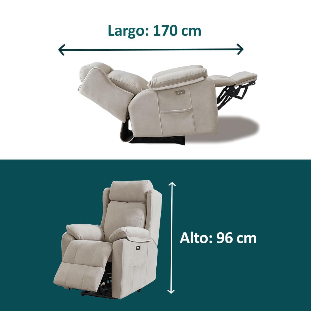 Sillon Relax Reclinable Eléctrico, Gravedad Cero | Con Cabezal Eléctrico, Desenfundable, Espuma Suave, Puerto USB | Madera de Pino | Sillones para el Salon | Silla Sofa | Sillones Modernos | Beige