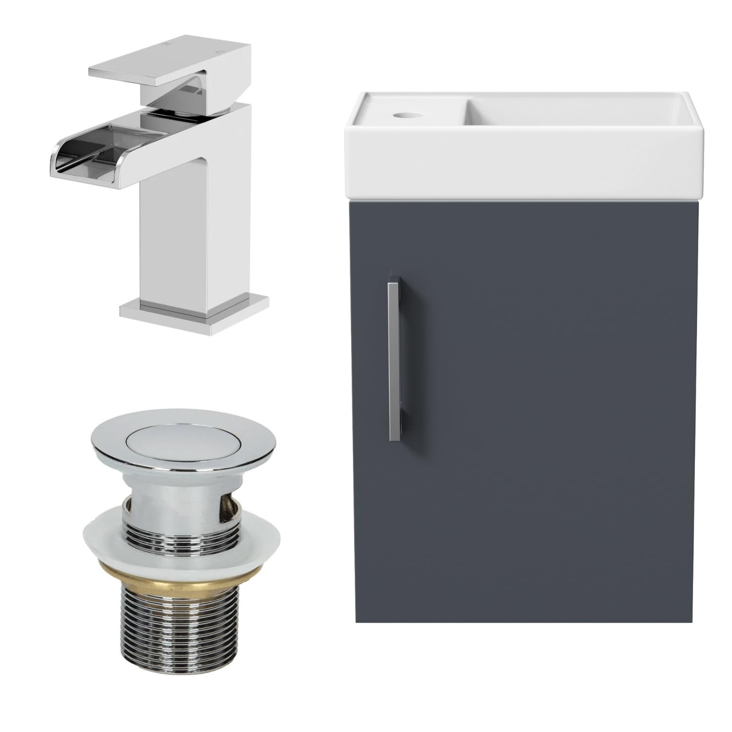 BAYSTONE 400mm Bathroom Vanity Unit Ceramic Wash Sink Wall Hung Storage Cabinet Reversible Soft Close Cupboard & Essentials Basin Mixer Tap & Waste Set, Grey Gloss