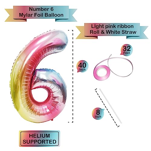 Image of 40 Inch Giant Rainbow Number 6 Balloons, Birthday Balloons, Helium Mylar Foil Big Number Balloons for Birthday Party Decorations, Kids' Birthday Anniversary Party Baby Shower Unicorn Parties