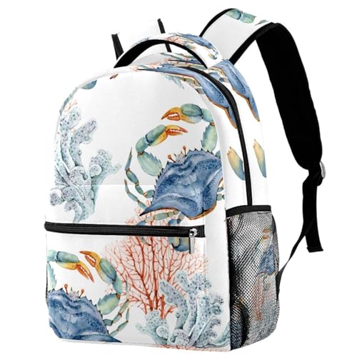 Sac à dos d'école aquarelle crabes bleus et corail de 40 cm pour fille et garçon