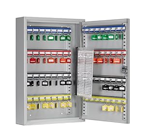 ARREGUI PL060 Schlüsselschrank | Schlüsselkasten aus Stahl mit 60 verstellbaren und nummerierten Haken | Schlüsselbox mit Schlüsselliste | inkl. 60 Beschriftbare Schlüsselanhänger | 45x30x8 cm | Grau