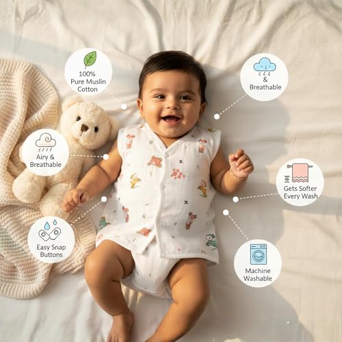 Image of Muslin Jhablas for New Born Baby| 100% Cotton Muslin Sleeveless Jhabla Set | Ultra Soft & Breathable Baby Jhablas for Summer