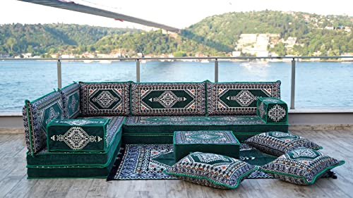 Green L Shaped Premium Quality Floor Sofa Set, Floor Cushions, Balcony Patio Sofas, Pallet Sofa, Ethnic Sofa, Moroccan Sofas, Sectional Sofas (L Sofa Full Set) #TOP2