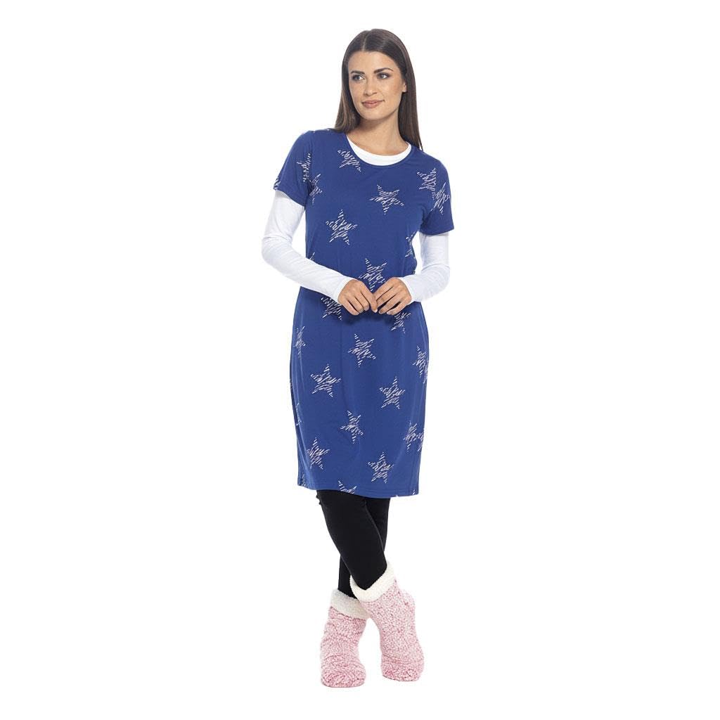 A2Z Ladies Cotton Nightie Short Sleeve Night Dress - Nightie LDS 452 Navy Stars 12/14