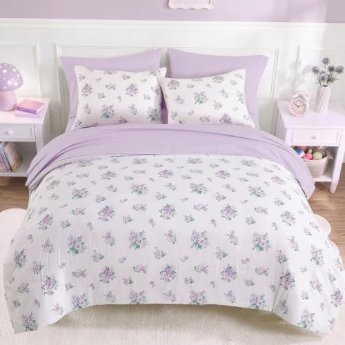 Image of Full Size Comforter Sets for Girls - 7 Pieces Purple Lavener Bed in a Bag | Floral Full Bedding Set, Soft Lightweight Cute Comforter with Printed Sheets, Pillowcases & Shams for All Seasons