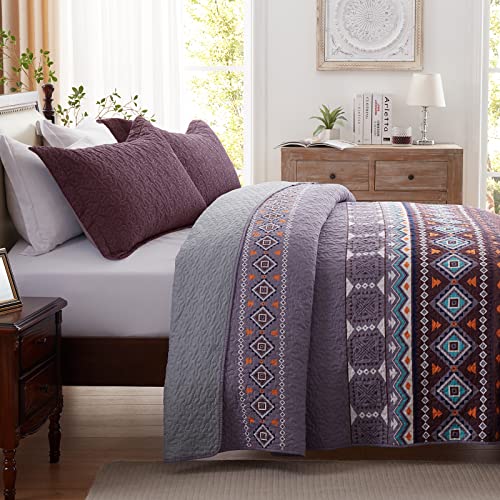 LEAONME Quilt Set Full/Queen Size 3 Piece Bedspread Coverlet Lightweight Comforter Microfiber Reversible Bedding Set All Season Oversized 90x98 Inch Bed Cover Bohemian Purple(1 Quilt,2 Pillow Shams)