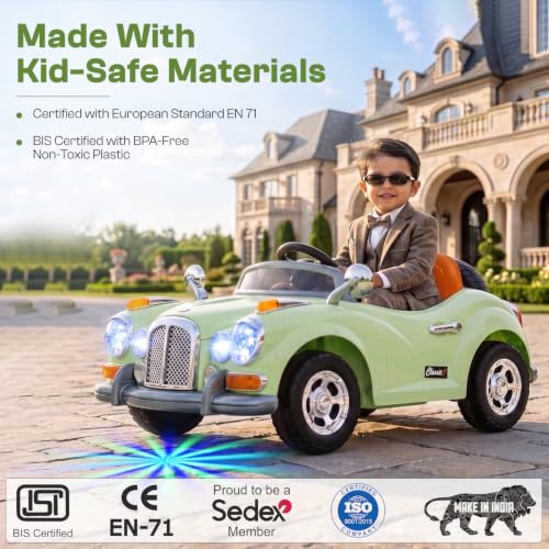 Image of Toyzone Vintage Electric Car (Green) | 12V Rechargeable Car for Kids with 8Ah Battery | LED Lights, Music, MP3 /USB /BT | Smooth Acceleration | 6M Battery Warranty | Age 2-9 Years, Upto 35 kg
