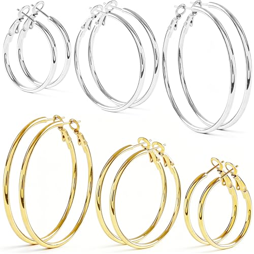 6 Pairs Silver Gold Hoop Earrings for Women - 14K Gold Plated 316 Stainless Steel, Hypoallergenic Lightweight 30/40/50 mm Hoops Set