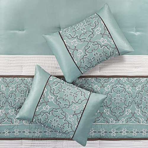 Madison Park Essentials Jelena Room In A Bag Faux Silk Comforter Classic Luxe All Season Down Alternative Bedding, Matching Bedskirt, Curtains, Decorative Pillows, Queen(90"X90"), Seafoam 24 Piece #TOP6